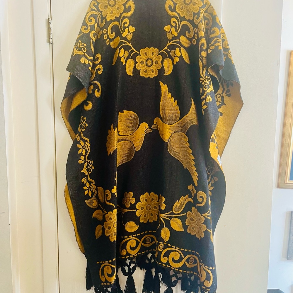 VTG Boho Hippie Festival Woven Bird Fringe Made In Mexico Kaftan Poncho O/S - Picture 7 of 9